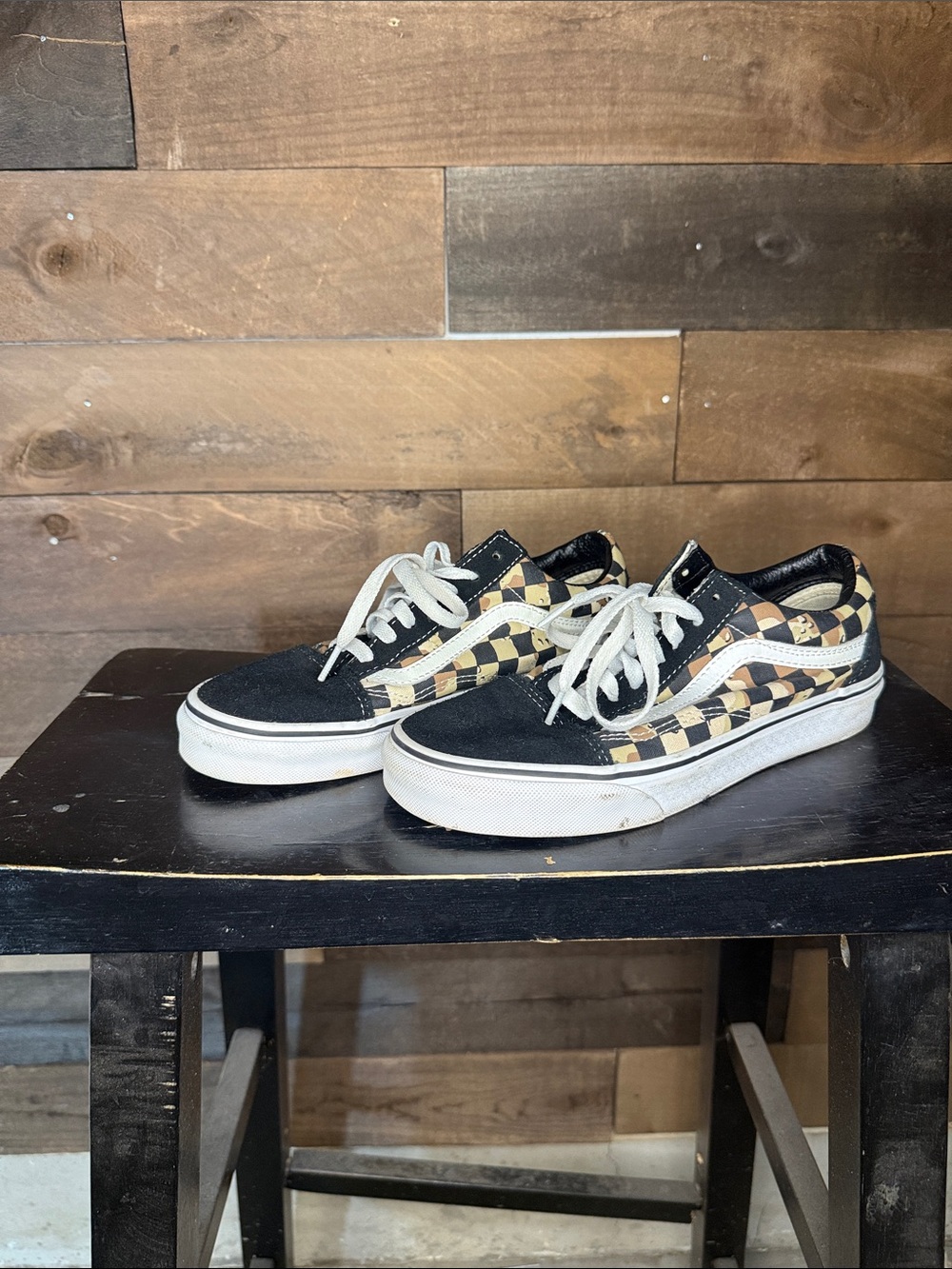 Vans Checkerboard Low-Top Sneakers in Black, Cream, Tan Camo